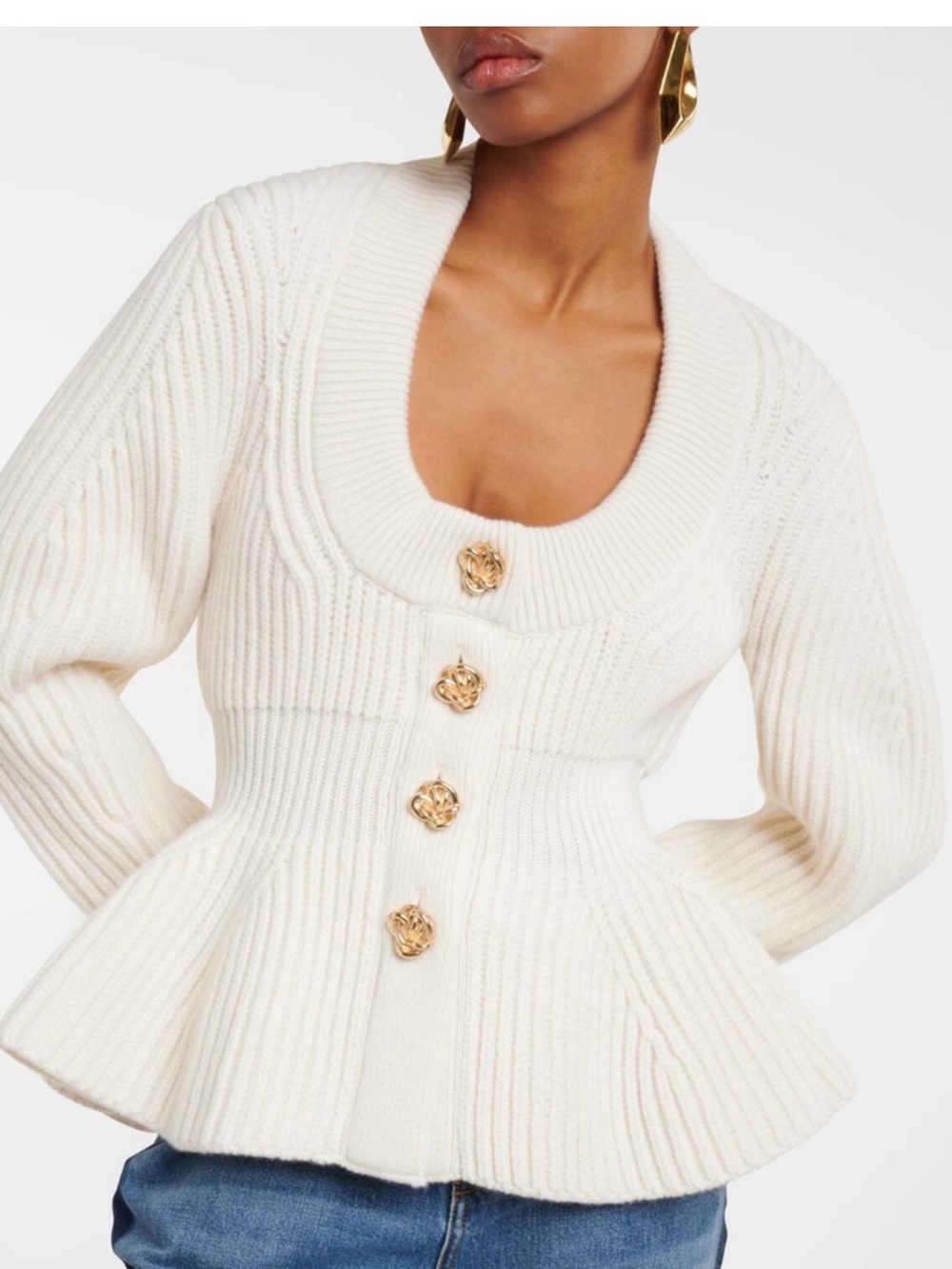 Alexander McQueen Cream Ribbed Peplum Cashmere Cardigan with Gold Buttons - Picture 5 of 7